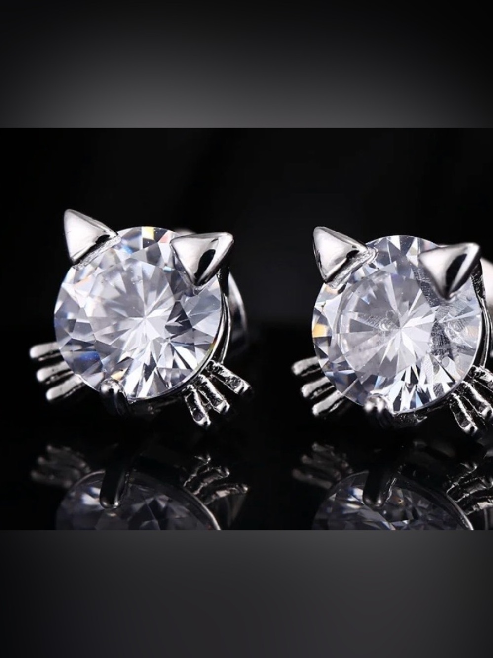 Sterling Silver Shiny 925 Kitty Cat Sparkling CZ Stud Earrings Brand New - Picture 3 of 15
